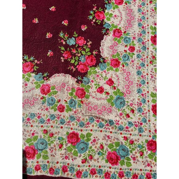 Antique 1909 Romanian Textile Art Wool Floral Shawl Hand Tied Fringe Floral - Picture 4 of 10